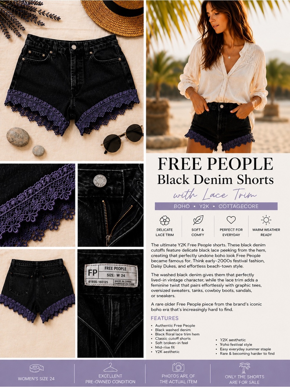 FREE PEOPLE 🌼 Black Denim Lace Trim Shorts Boho Jean Shorts Y2K Cottagecore 24